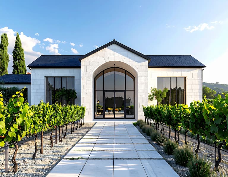 Bâtiment d'entreprise en pierre de tuffeau au cœur du vignoble ligérien, symbolisant l'alliance de la tradition et du business