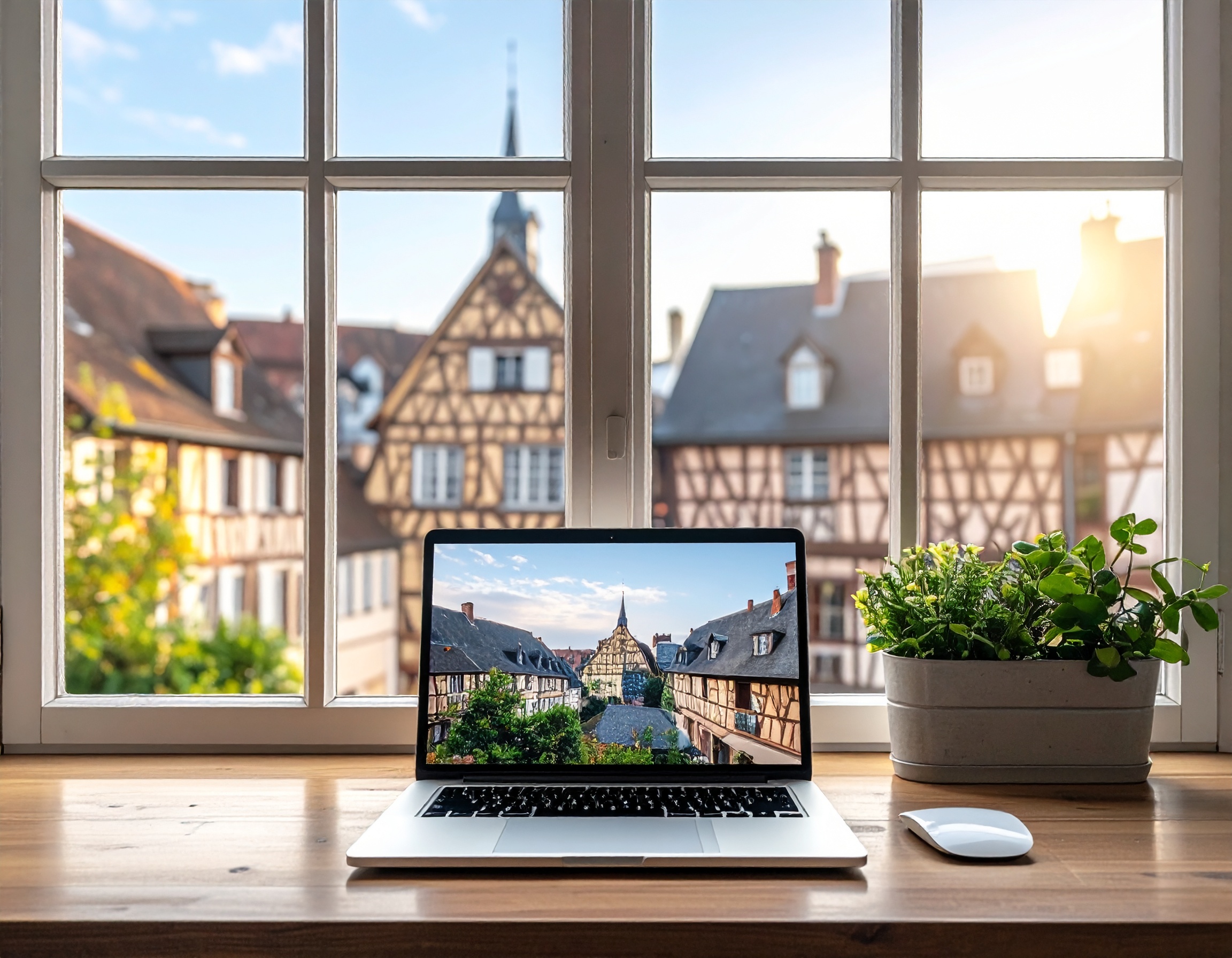 Bureau professionnel avec vue sur l'architecture typique de l'Est de la France, illustrant l'ancrage local des entreprises