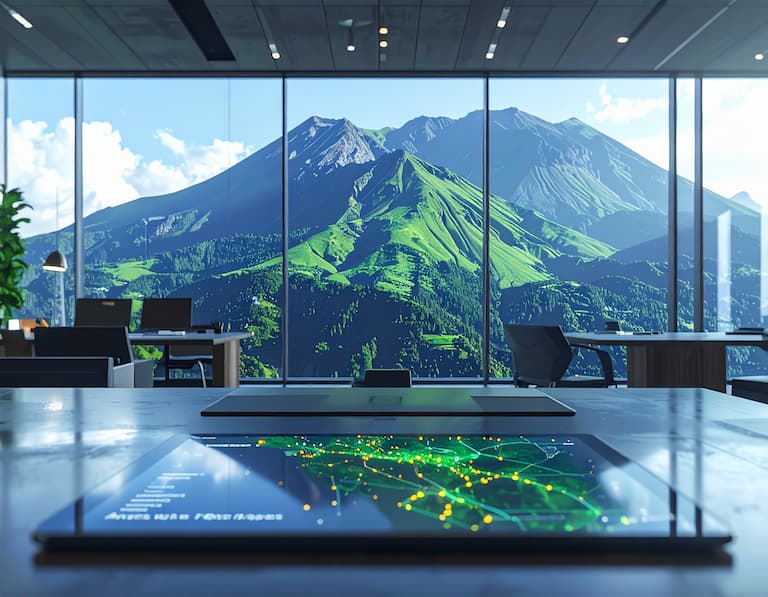 Carte numérique de la région Auvergne-Rhône-Alpes sur une tablette dans un bureau, représentant une base de données emails d'entreprises