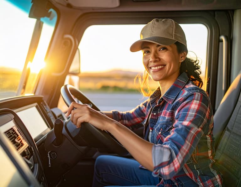 Conducteur de camion dans une cabine haute technologie, symbolisant la fiabilité de nos listes emails pour prospecter le secteur du fret