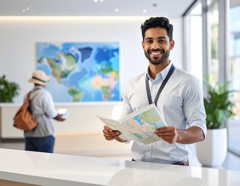 Conseiller en séjour montrant une carte à des touristes, illustrant notre fichier emails pour contacter les offices de tourisme.