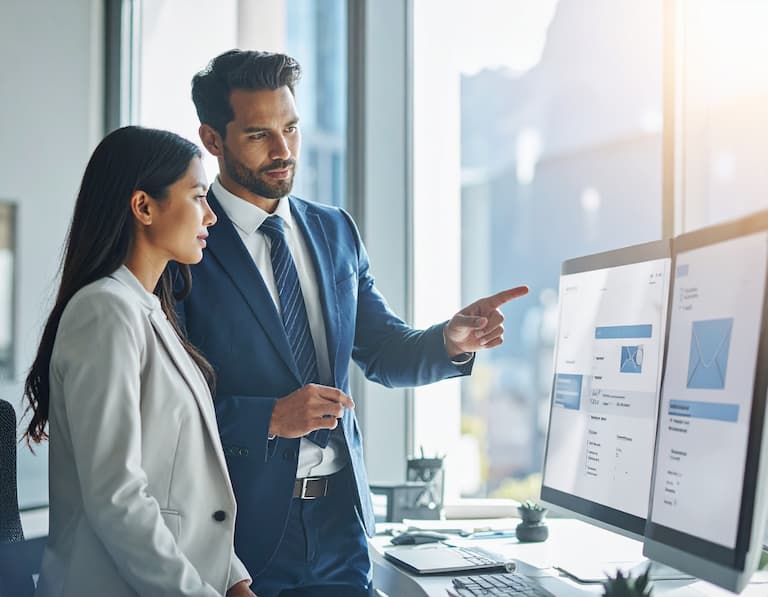 Deux professionnels analysant une base de données emails pour leur prospection commerciale en Auvergne-Rhône-Alpes