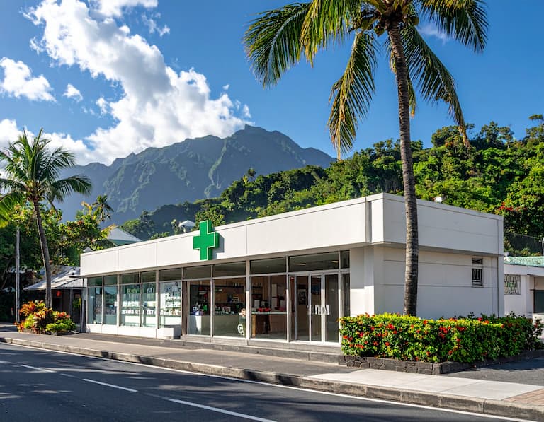 Devanture d'une pharmacie ensoleillée à la Réunion, représentant l'étendue de notre base de données emails pharmacies DOM-TOM.