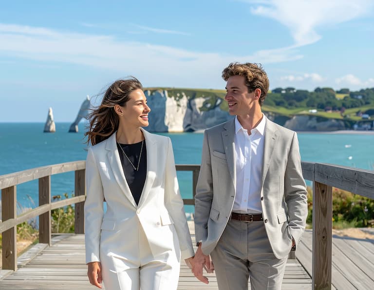 Échange entre professionnels sur le littoral normand, avec les falaises d'Étretat en fond, illustrant le réseau des entreprises côtières
