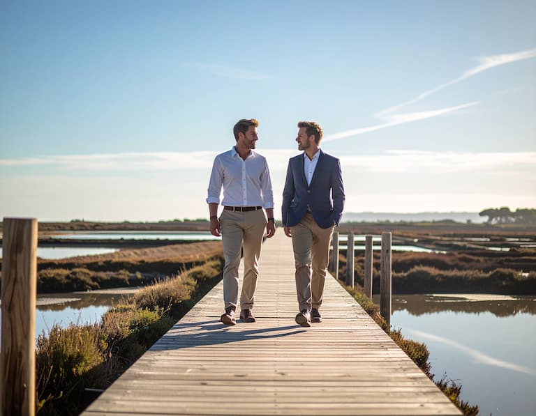 Échange professionnel à proximité des marais salants de Guérande, illustrant le cadre de vie privilégié des entreprises de la région