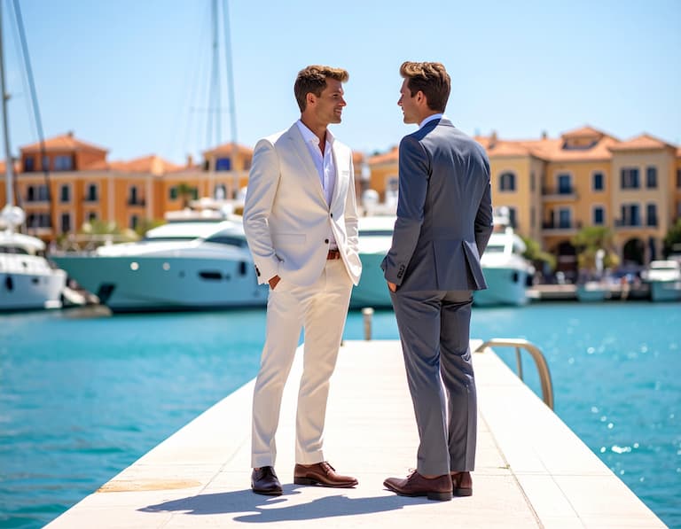 Échange professionnel sur un port de la Côte d'Azur, représentant les secteurs du luxe et du nautisme en région PACA