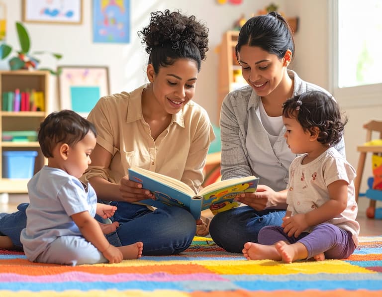 Éducatrice de jeunes enfants en pleine activité dans une crèche moderne, illustrant notre fichier emails dédié à la petite enfance.