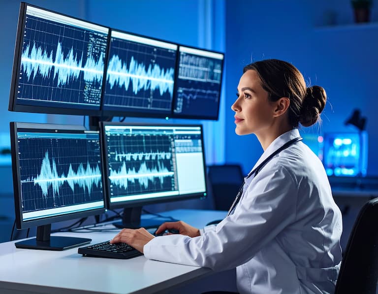 Expert en médecine du sommeil analysant des tracés sur plusieurs écrans, représentant notre fichier emails qualifiés pour le secteur de la santé