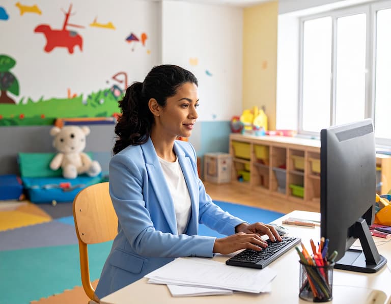 Gestionnaire de crèche travaillant sur son outil de planification, pour vos campagnes d'emailing vers les responsables d'établissements de puériculture