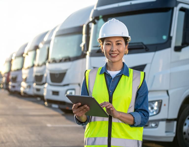 Gestionnaire de flotte logistique avec une tablette numérique, représentant notre base de données emails dédiée au transport de marchandises.