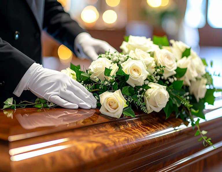 Gros plan sur la préparation d'un hommage floral sur un cercueil en chêne massif, illustrant le soin apporté aux détails