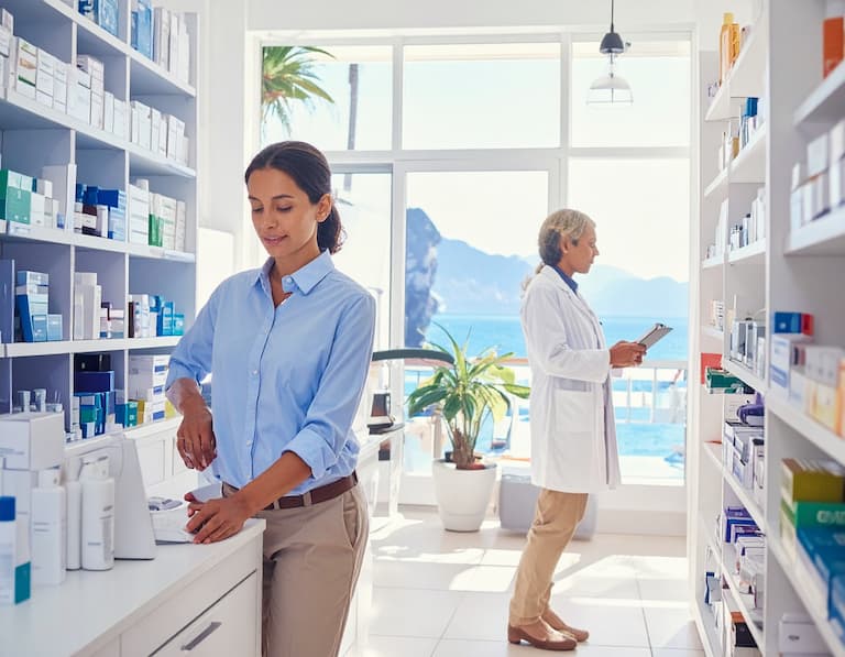 Pharmacienne conseillant un client sous les tropiques, illustrant la pertinence de notre fichier emails des officines d'Outre-mer
