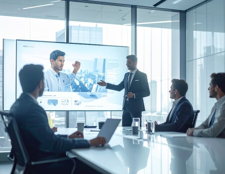 Présentation d'une nouvelle stratégie de communication à des clients dans une salle de réunion moderne et élégante