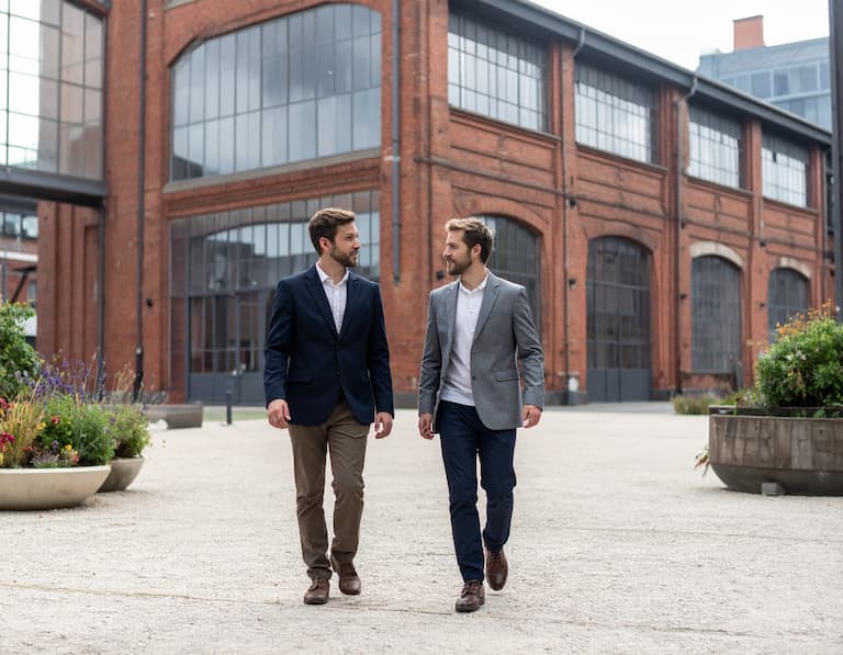 Professionnels devant un bâtiment en briques rénové, symbole de l'innovation et du réseau des entreprises du Nord