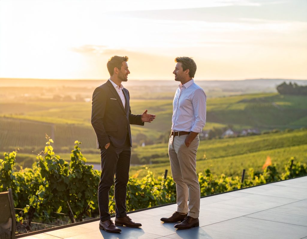 Professionnels en discussion avec vue sur les vignobles du Grand Est, symbolisant le réseau des entreprises locales