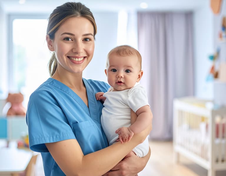 Puéricultrice professionnelle prenant soin d'un nourrisson, représentant notre base de données emails des garderies et crèches de France