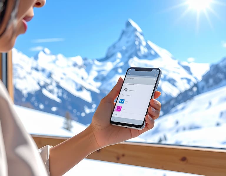 Smartphone affichant une liste de contacts professionnels devant un paysage des Alpes, symbolisant la prospection B2B en région AURA