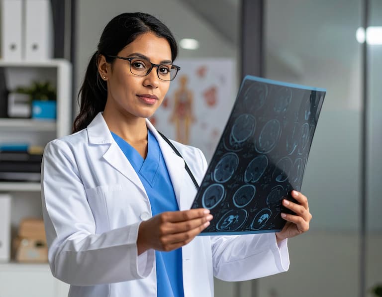 Spécialiste du sommeil analysant une imagerie médicale en clinique, symbolisant la pertinence de nos listes emails pour contacter les médecins experts