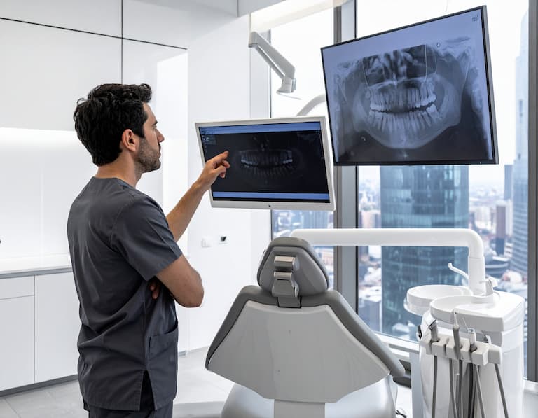 Un dentiste italien dans un cabinet ultra-moderne à Milan, analysant un scanner 3D devant une vue panoramique sur les gratte-ciels