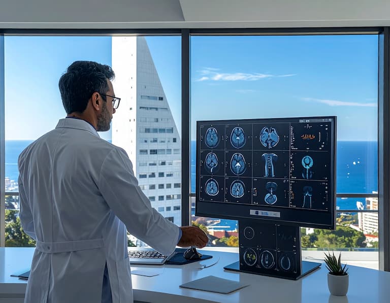 Un médecin spécialiste dans un bureau moderne à Marseille, avec la tour CMA CGM et la mer Méditerranée en arrière-plan
