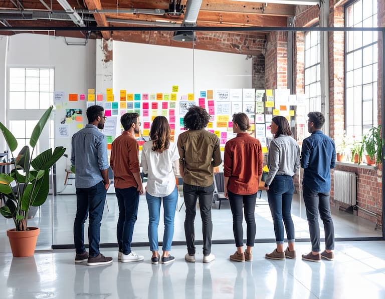 Une équipe créative en plein brainstorming devant un mur de notes colorées dans une agence de publicité au style loft industriel