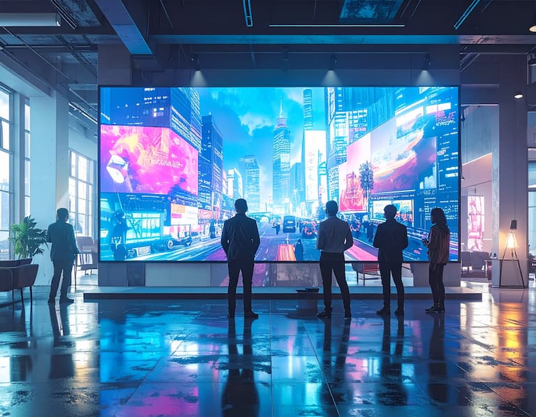 Une équipe d'agence de communication visualisant une simulation de panneau publicitaire urbain sur un mur digital géant