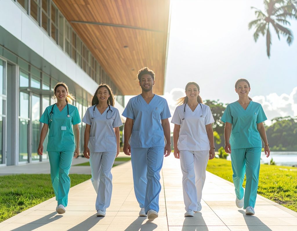 Une équipe d'infirmières et de soignants devant un centre médical moderne et éco-responsable en Guyane sous un soleil éclatant