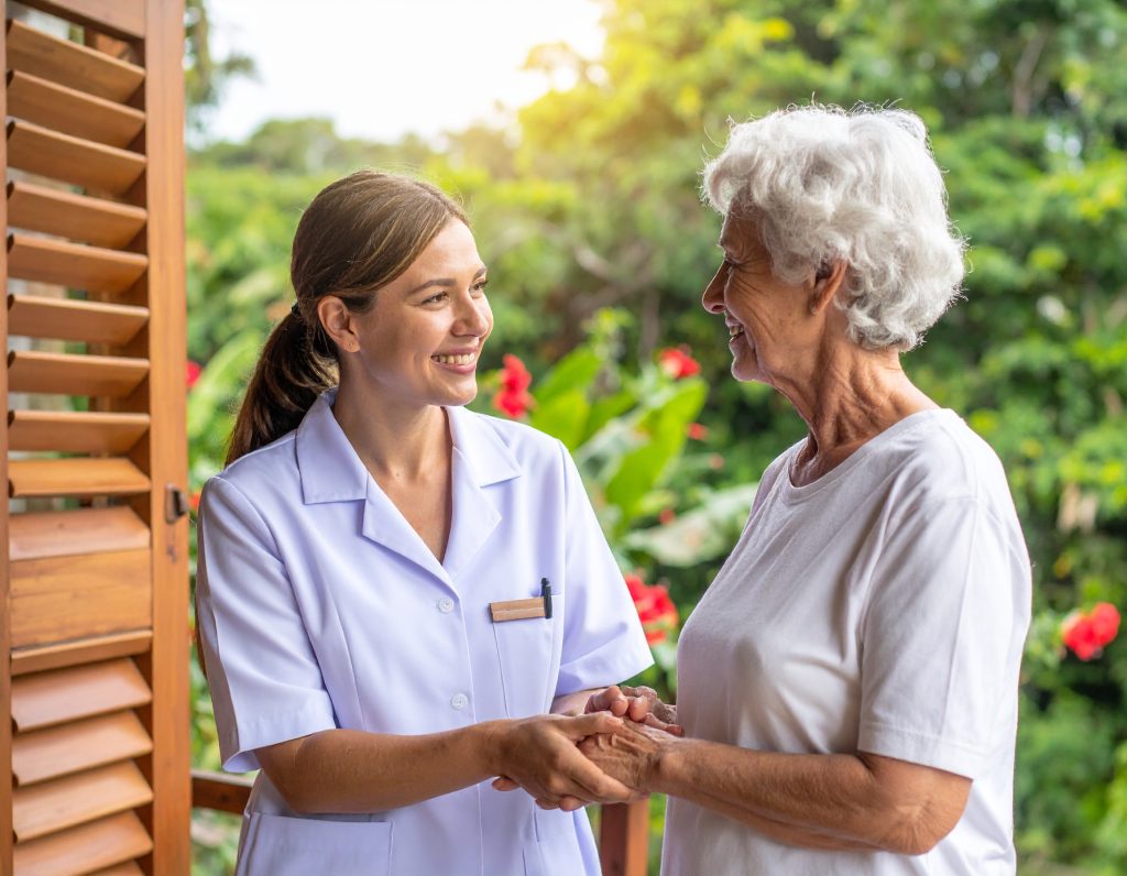 Une infirmière échangeant avec un patient sur une terrasse ombrée d'un centre de soins tropical, dans une ambiance sereine et humaine