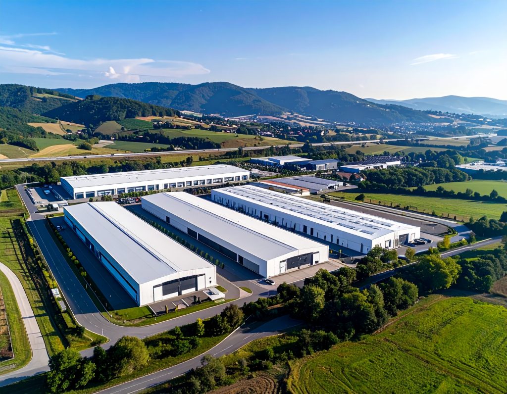 Vue aérienne d'une zone d'activité économique moderne dans le Grand Est, représentant le dynamisme industriel de la région
