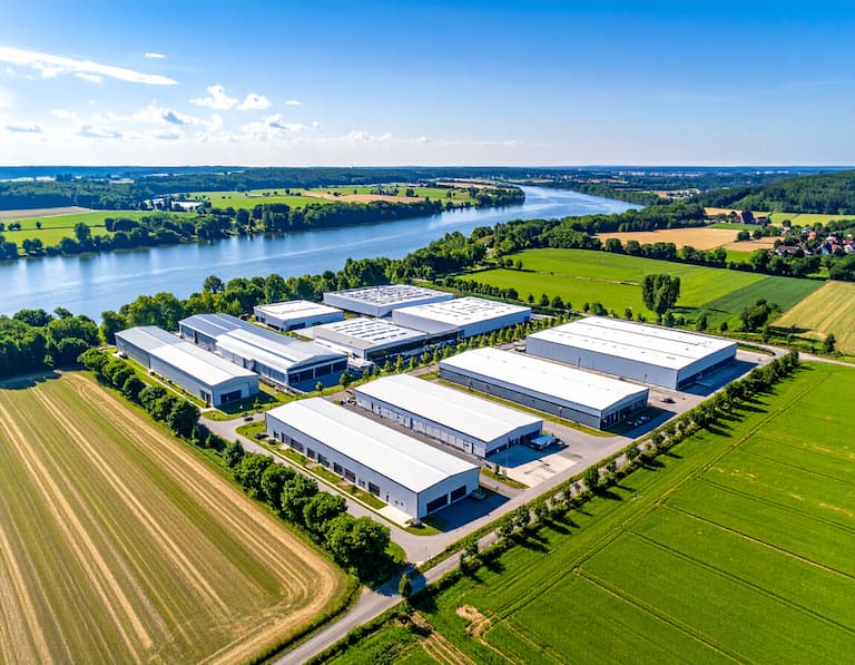 Vue aérienne d'une zone d'activité économique moderne en région Centre-Val de Loire, illustrant le tissu industriel local