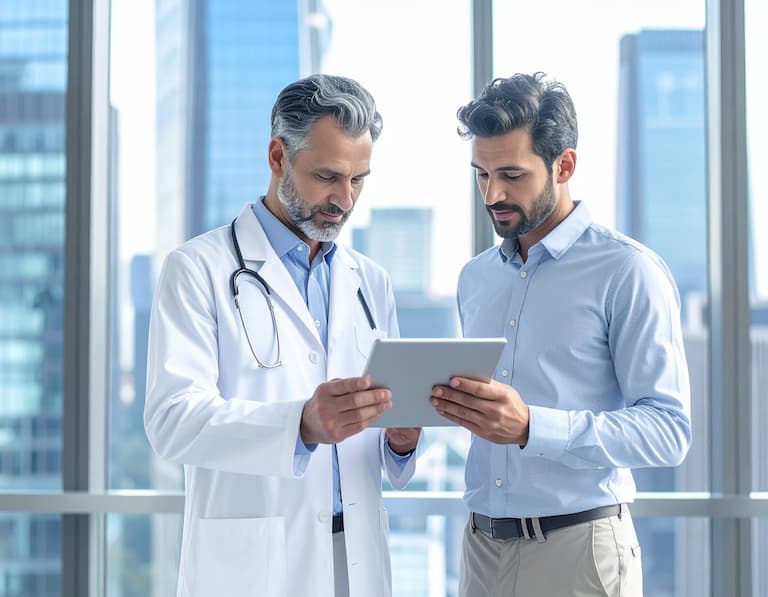 médicale moderne dans un cabinet du quartier de la Défense, le médecin expliquant des résultats sur une tablette numérique
