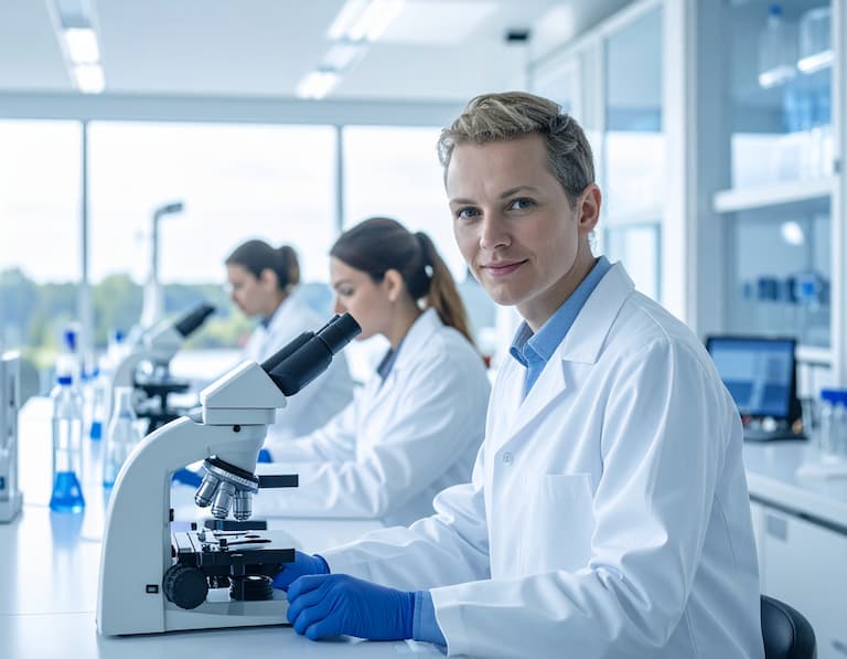Des chercheurs en blouse blanche travaillant dans un laboratoire de pointe sur le site de l'Oncopole à Toulouse