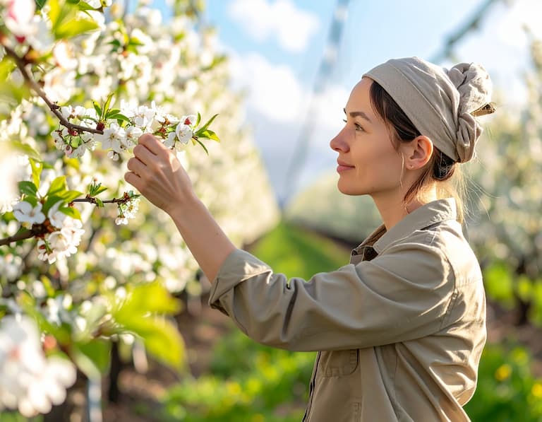 Expert en arboriculture examinant les fleurs d'arbres fruitiers, représentant notre base de données emails pour le secteur agricole