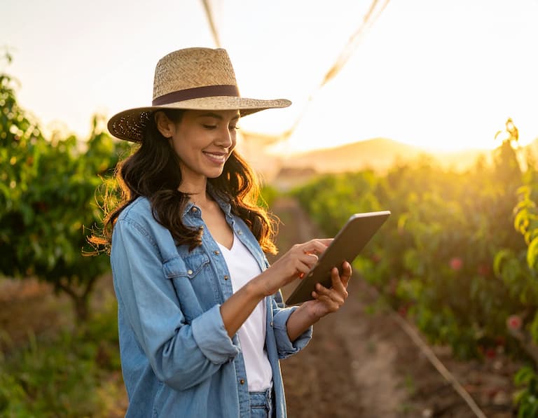 Exploitante agricole utilisant une tablette dans son verger, pour vos campagnes d'emailing vers les professionnels de l'arboriculture