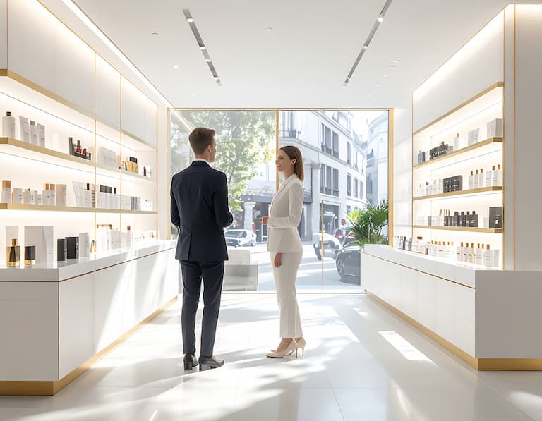 Intérieur d'une boutique de cosmétiques de luxe à Zurich, reflétant le prestige des entreprises de beauté suisses