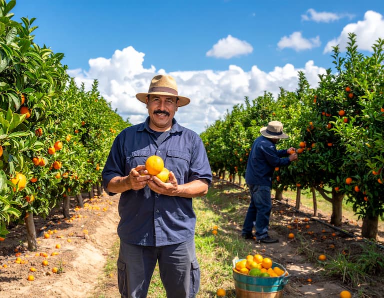 Travailleurs saisonniers et arboriculteurs en plein verger, pour une prospection par email efficace auprès des producteurs fruitiers