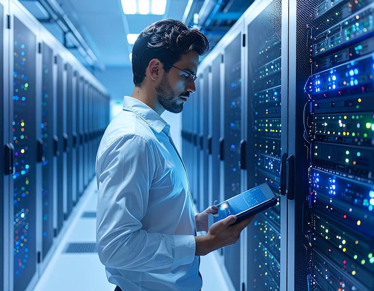 Un administrateur réseau vérifiant des serveurs dans une salle informatique de haute technologie éclairée par des LED bleues