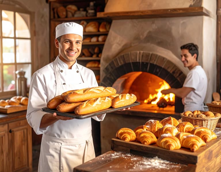 Un artisan boulanger et son apprenti sortant du pain frais du four dans une boulangerie de quartier chaleureuse et authentique