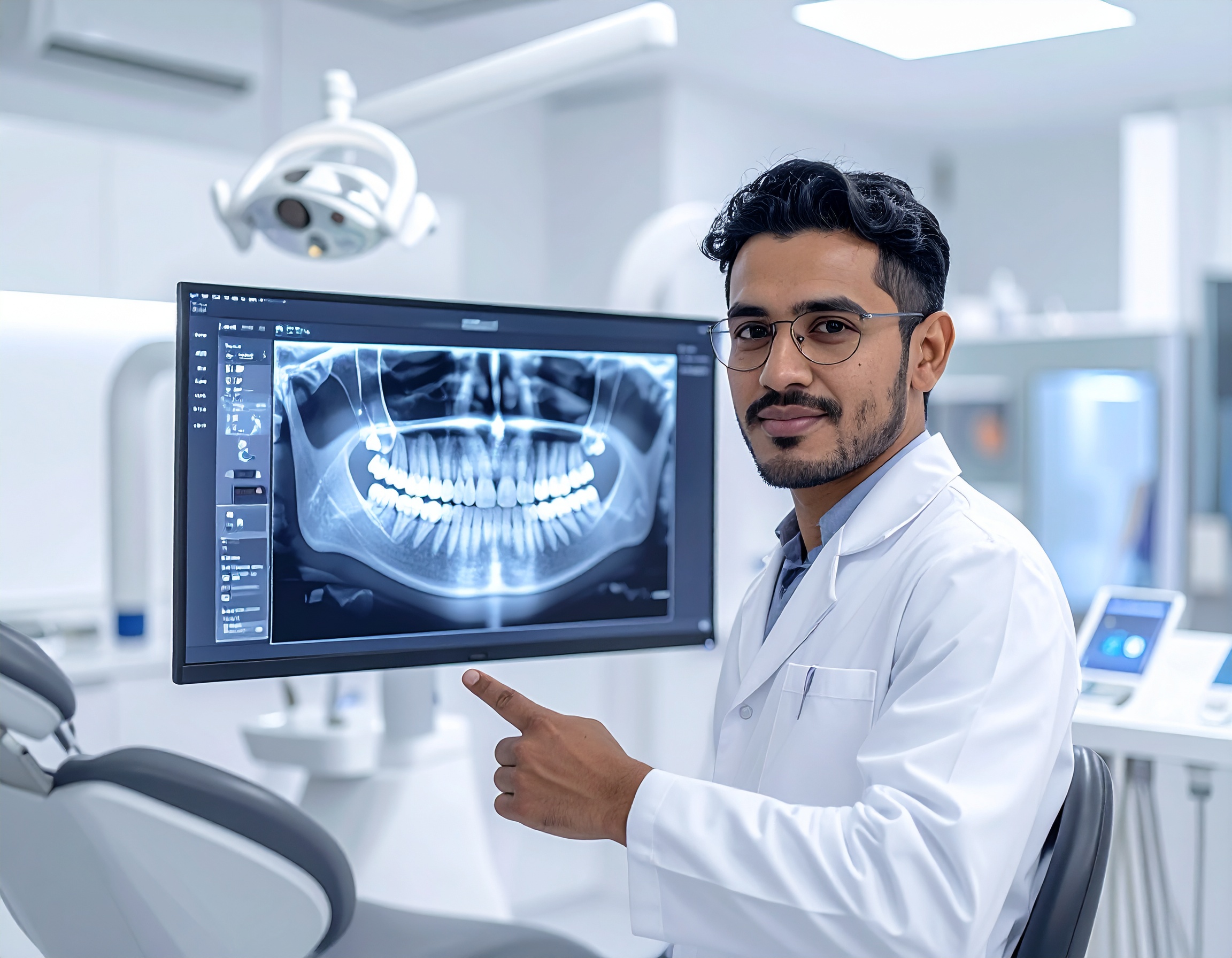 Un dentiste expert analysant une modélisation 3D de la dentition sur un écran haute définition dans un cabinet moderne