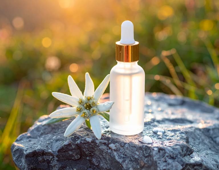 Un flacon de cosmétique suisse posé sur une roche de montagne avec une fleur d'Edelweiss, symbolisant la pureté