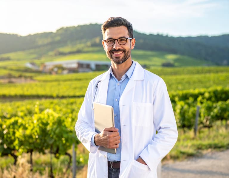 Un médecin devant un centre de santé rural avec les paysages de vignobles du Beaujolais en arrière-plan