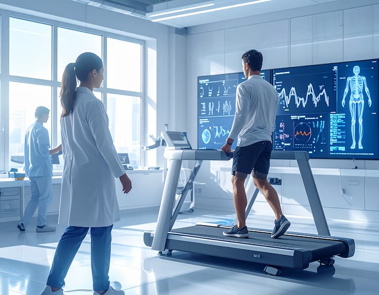 Un médecin spécialiste en MPR analysant la marche d'un patient à l'aide de capteurs et d'écrans haute technologie dans un laboratoire de rééducation