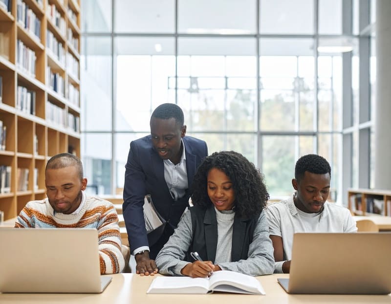 Un professeur d'université encadrant des étudiants dans un espace de travail académique prestigieux et épuré