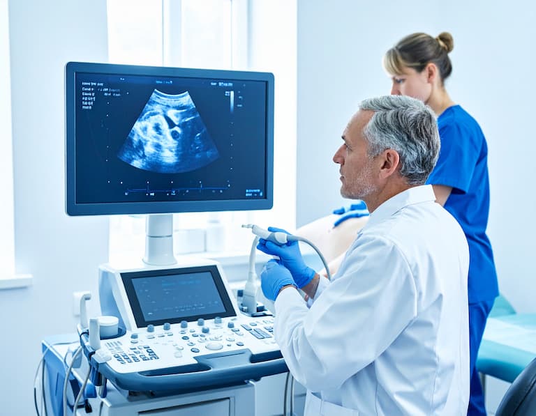 Un spécialiste en médecine physique pratiquant un examen échographique sur l'épaule d'un patient dans une salle de soin moderne