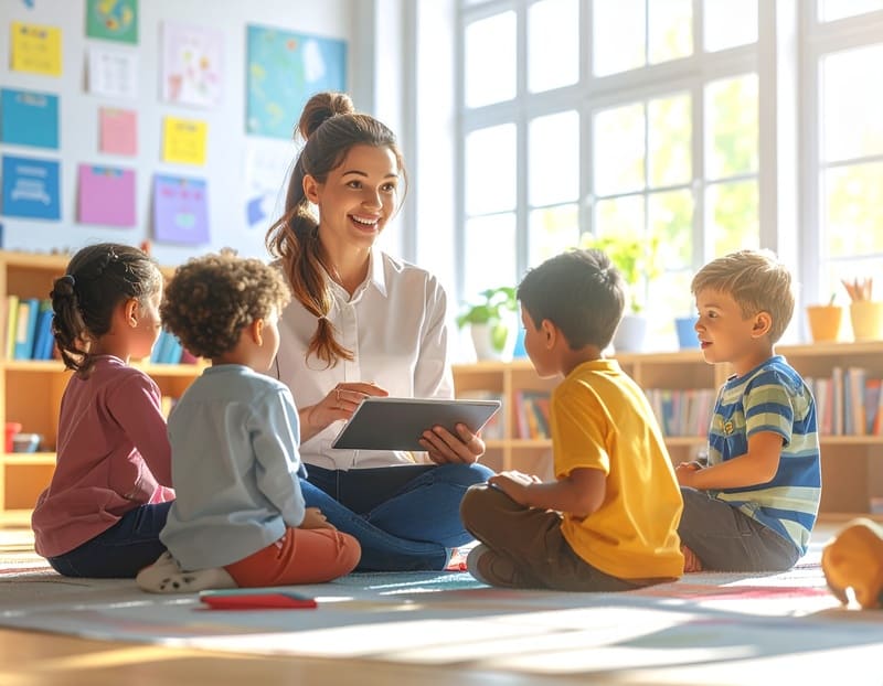 Une enseignante expliquant une leçon à un petit groupe d'élèves dans une salle de classe primaire lumineuse et moderne.