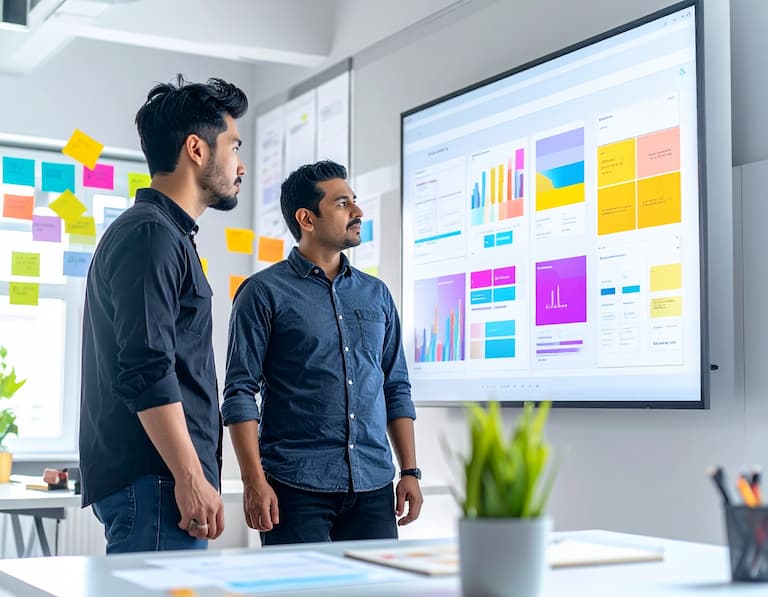 Une équipe de conception travaillant sur l'interface utilisateur intuitive d'un nouveau logiciel dans un bureau lumineux