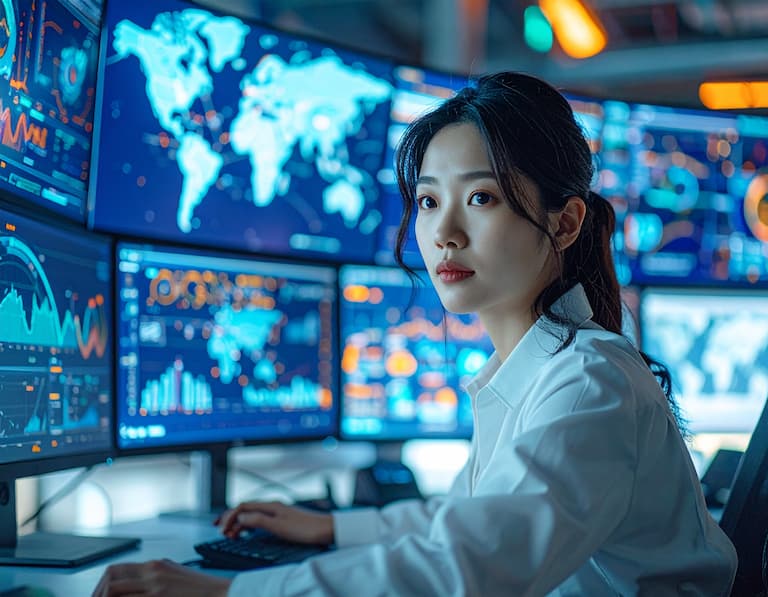 Une experte en cybersécurité analysant des flux de données en temps réel sur plusieurs écrans de contrôle