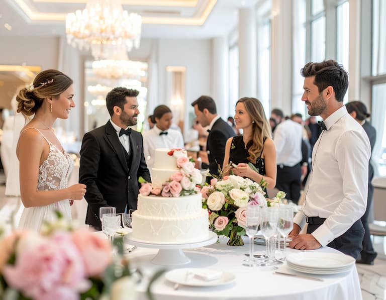Une organisatrice de mariage présentant un carnet d'inspiration et des échantillons de tissus à un couple dans un studio élégant