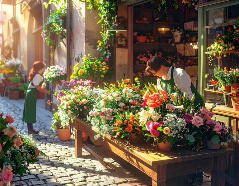 Une petite équipe de fleuristes composant des bouquets dans leur boutique artisanale lumineuse et fleurie