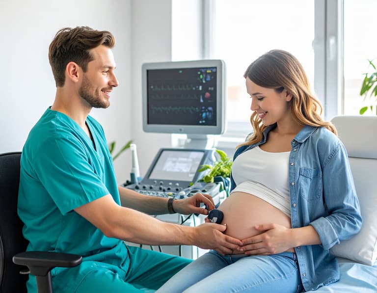 Une sage-femme en tenue médicale effectuant un examen prénatal avec douceur dans un cabinet lumineux